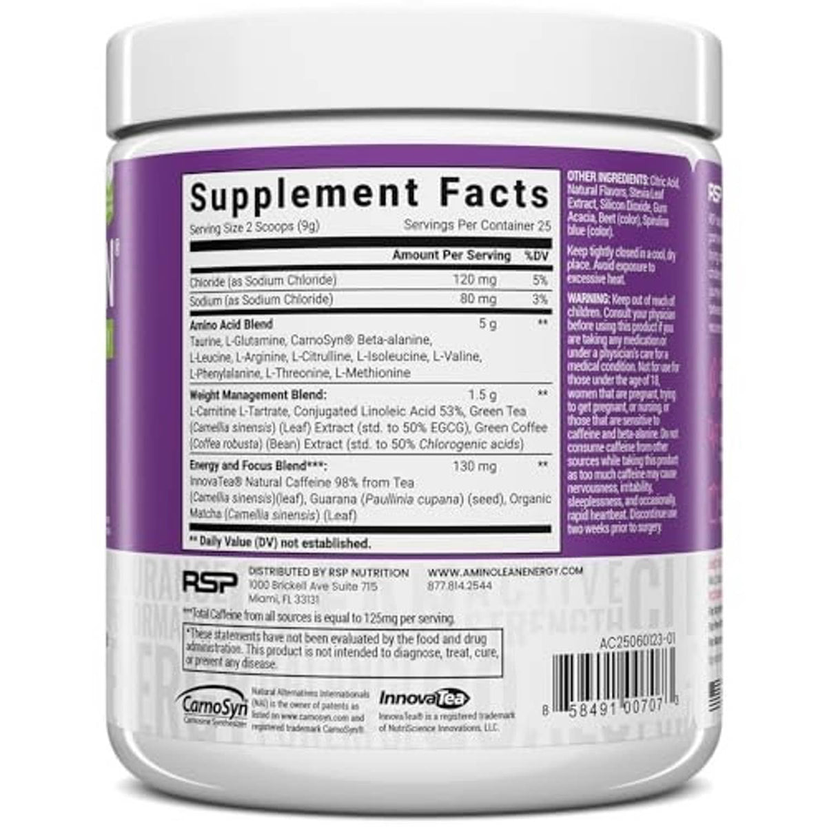 AminoLean pre-workout powder jar, supplement facts and ingredient panel on back