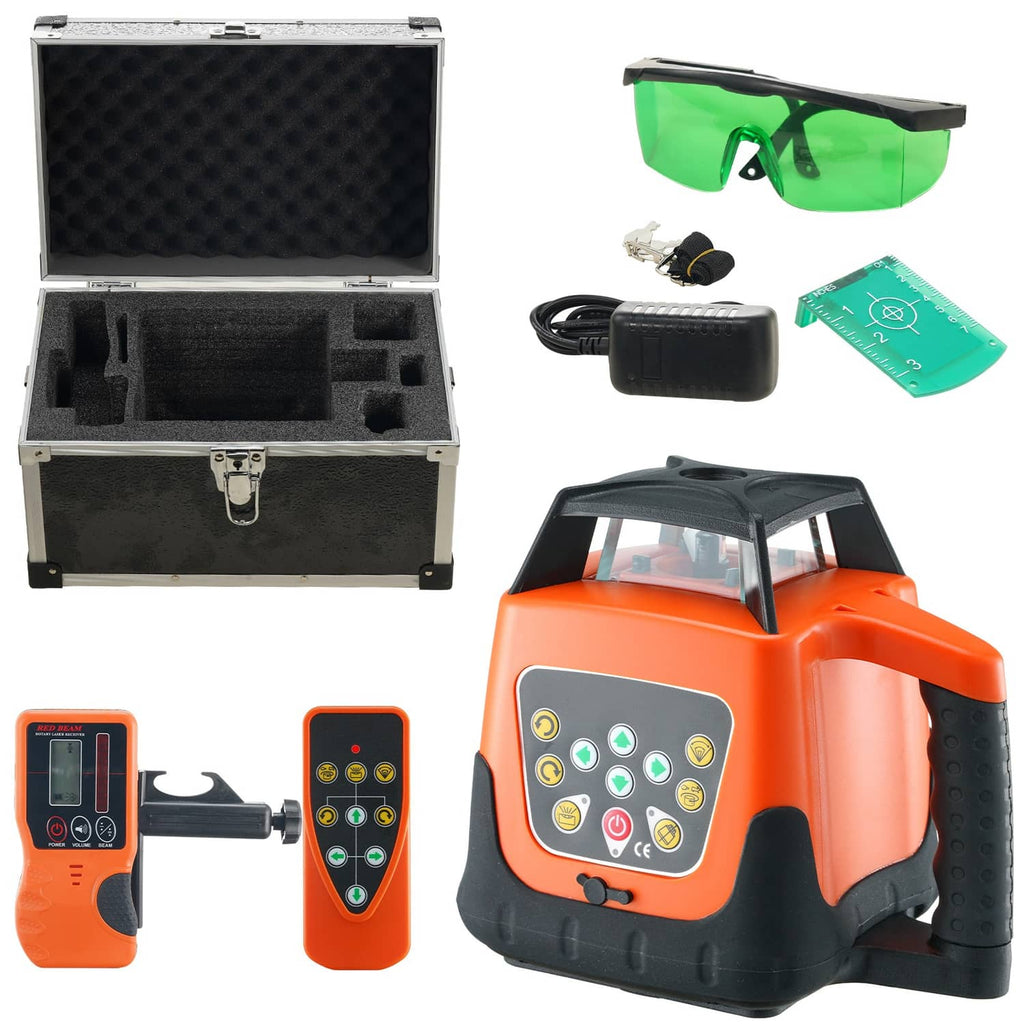 Orange 360 rotary laser level kit with hard case, green glasses, remote, and power adapter