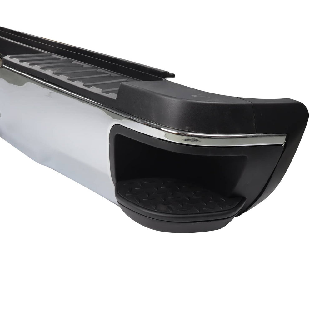 Chrome rear step bumper assembly with textured black step pad and rounded corner end