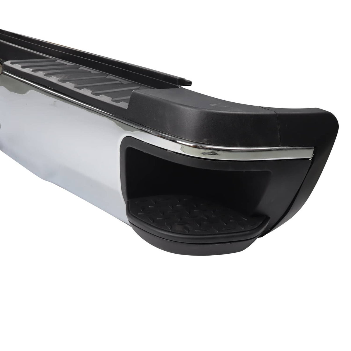 Chrome rear step bumper assembly with textured black step pad and rounded corner end