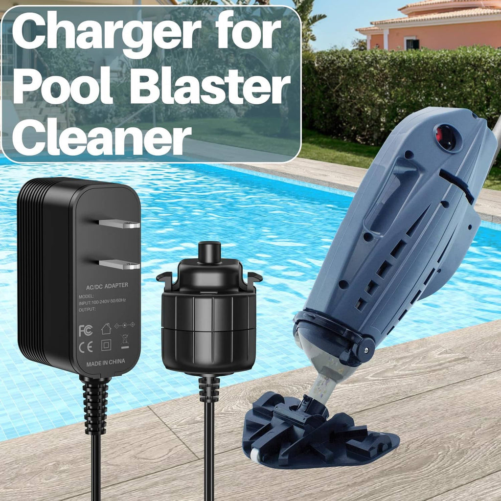 Black charger adapter with two-prong plug and attached cable for pool vacuum