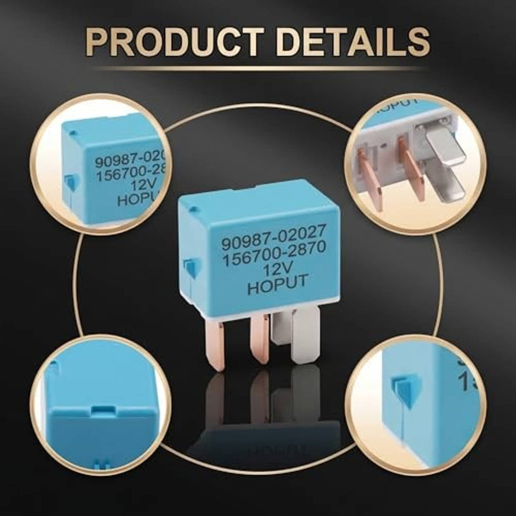Blue 4-pin AC relay with '12V HOPUT' label and callouts highlighting the prongs