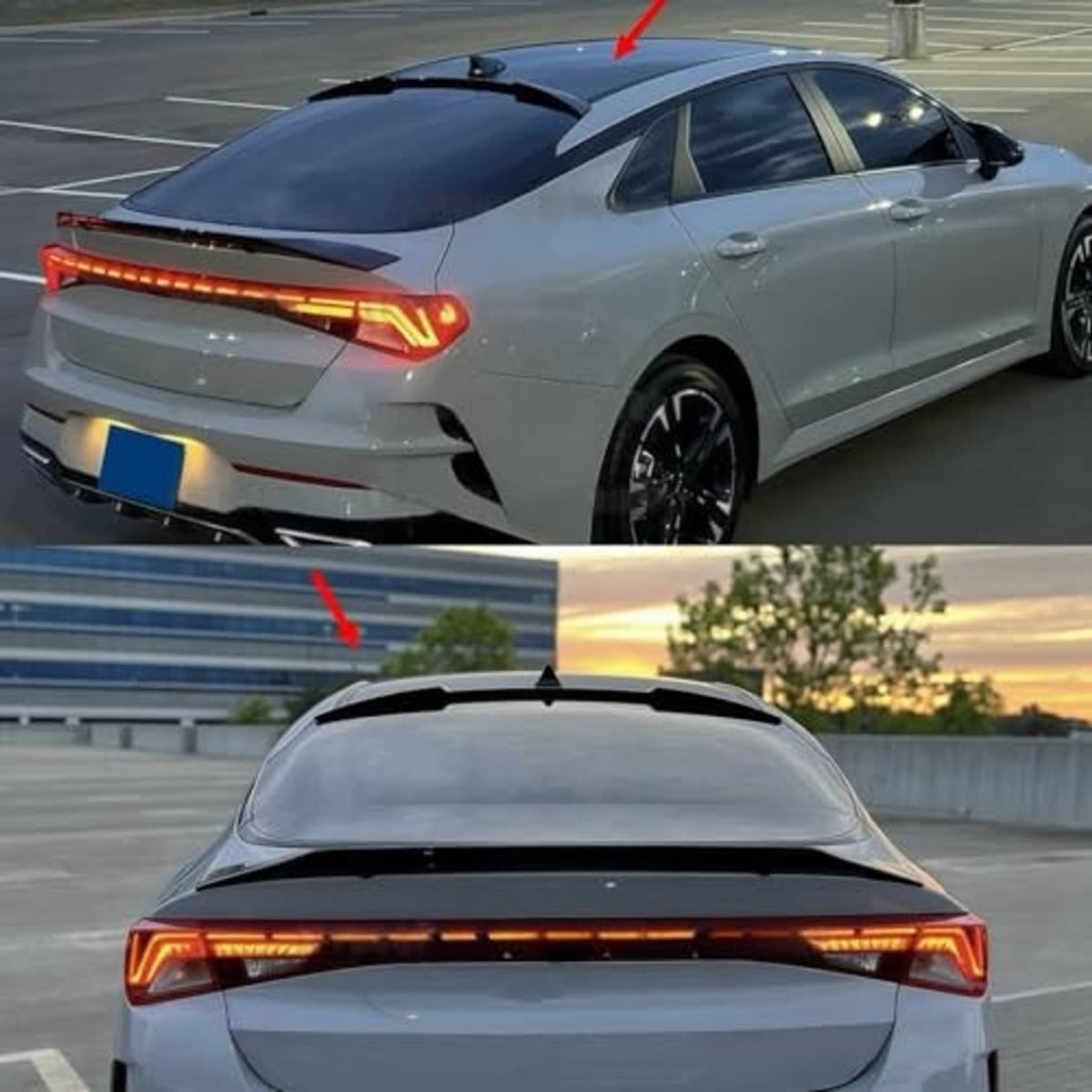 Black roof spoiler with duckbill center fin, installed above rear window