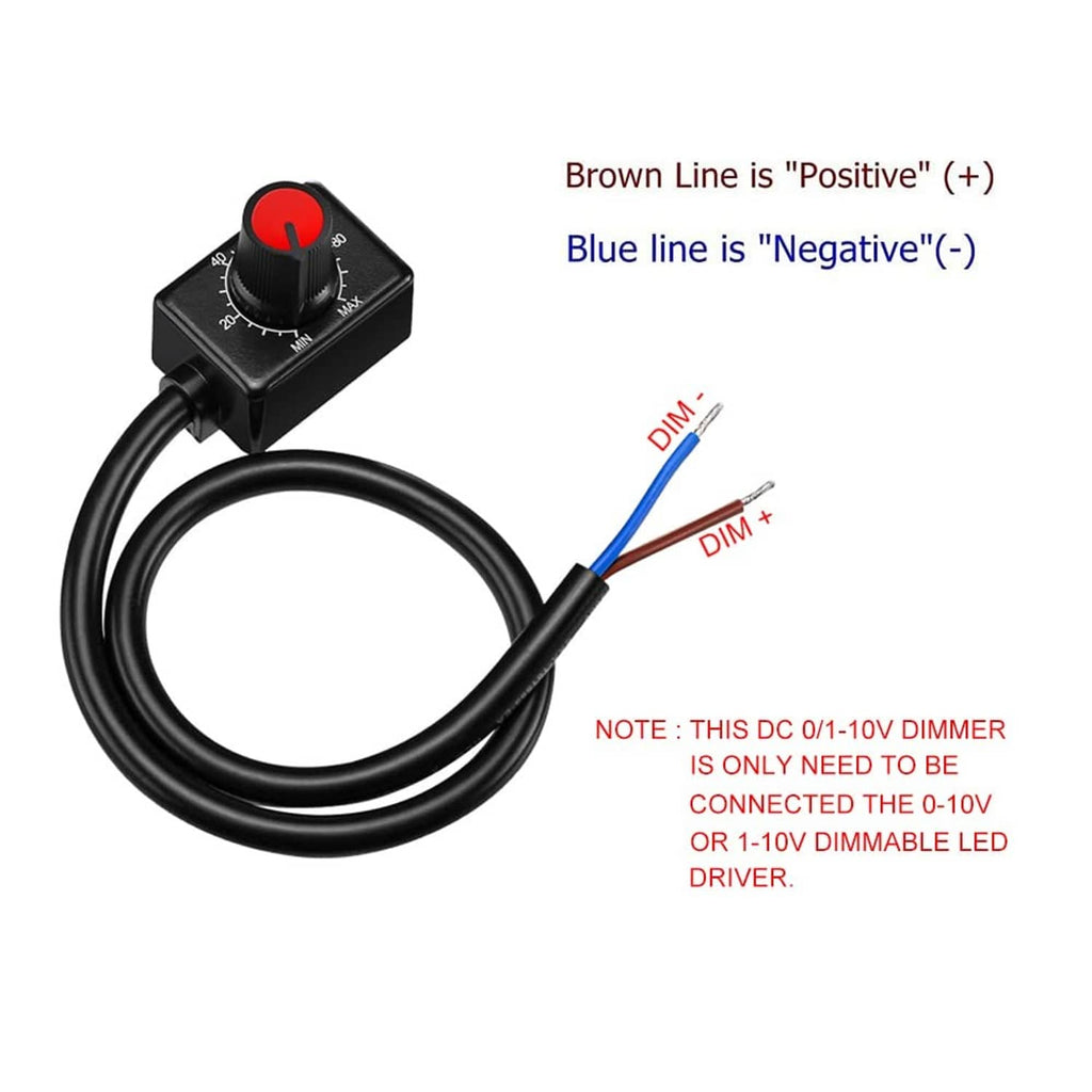 LED dimmer with black cable, blue and brown wires, and red control dial