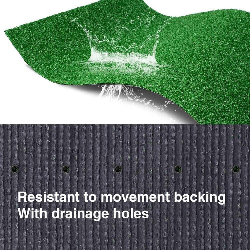 Green artificial grass turf with a layered backing cross-section in view