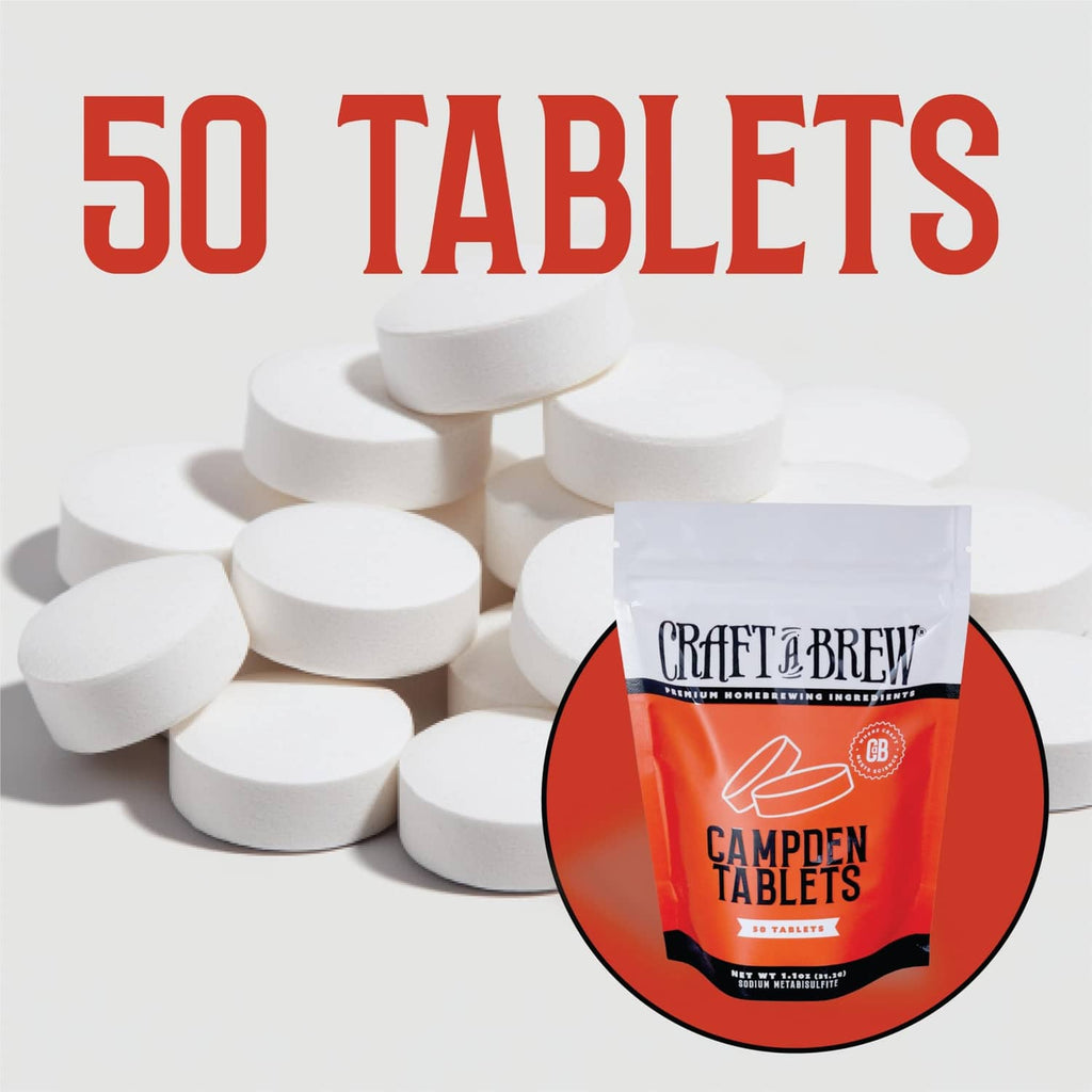 Campden Tablets pouch next to stacked white tablets, 50 tablets shown