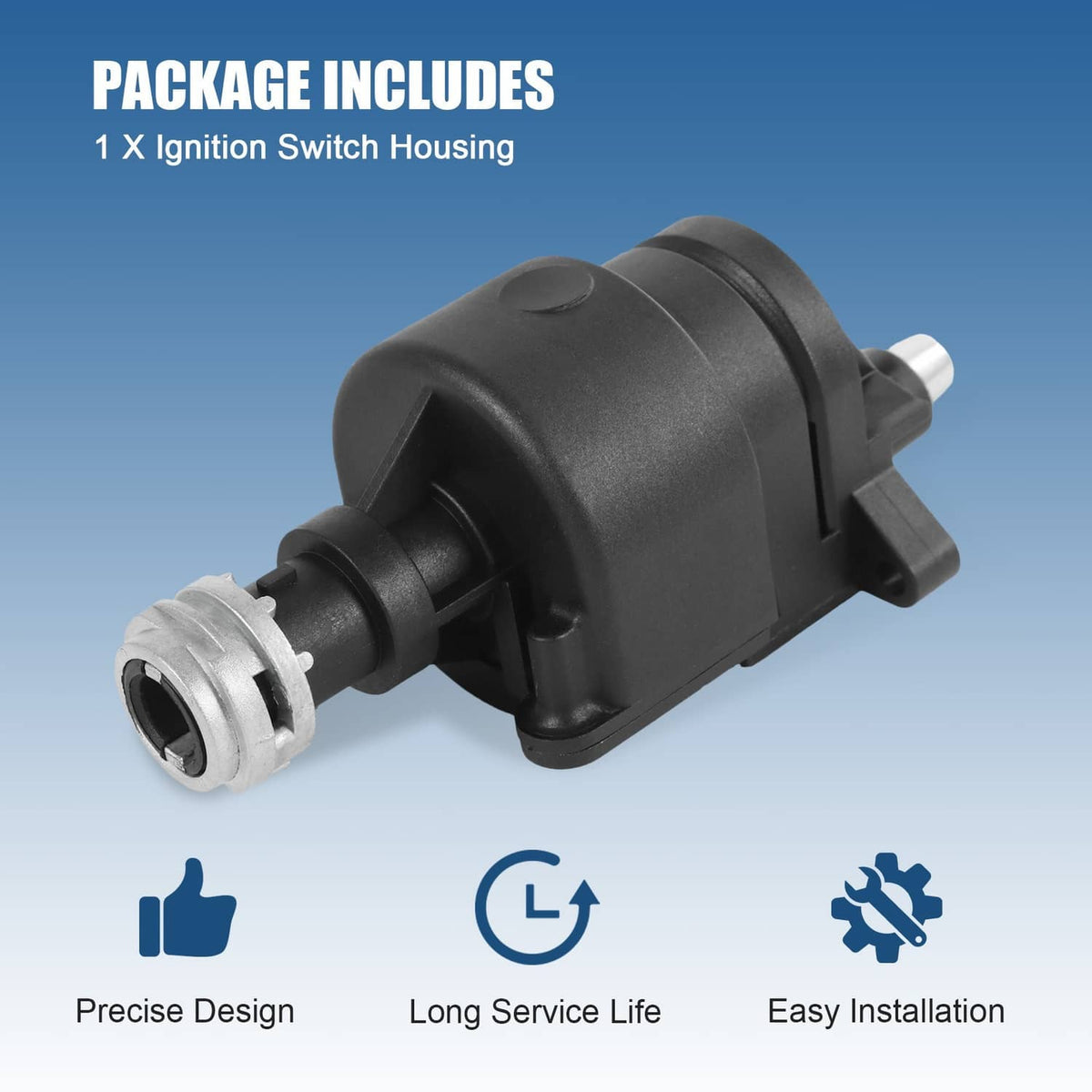 Ignition switch housing assembly, black housing with silver lock cylinder and white plug