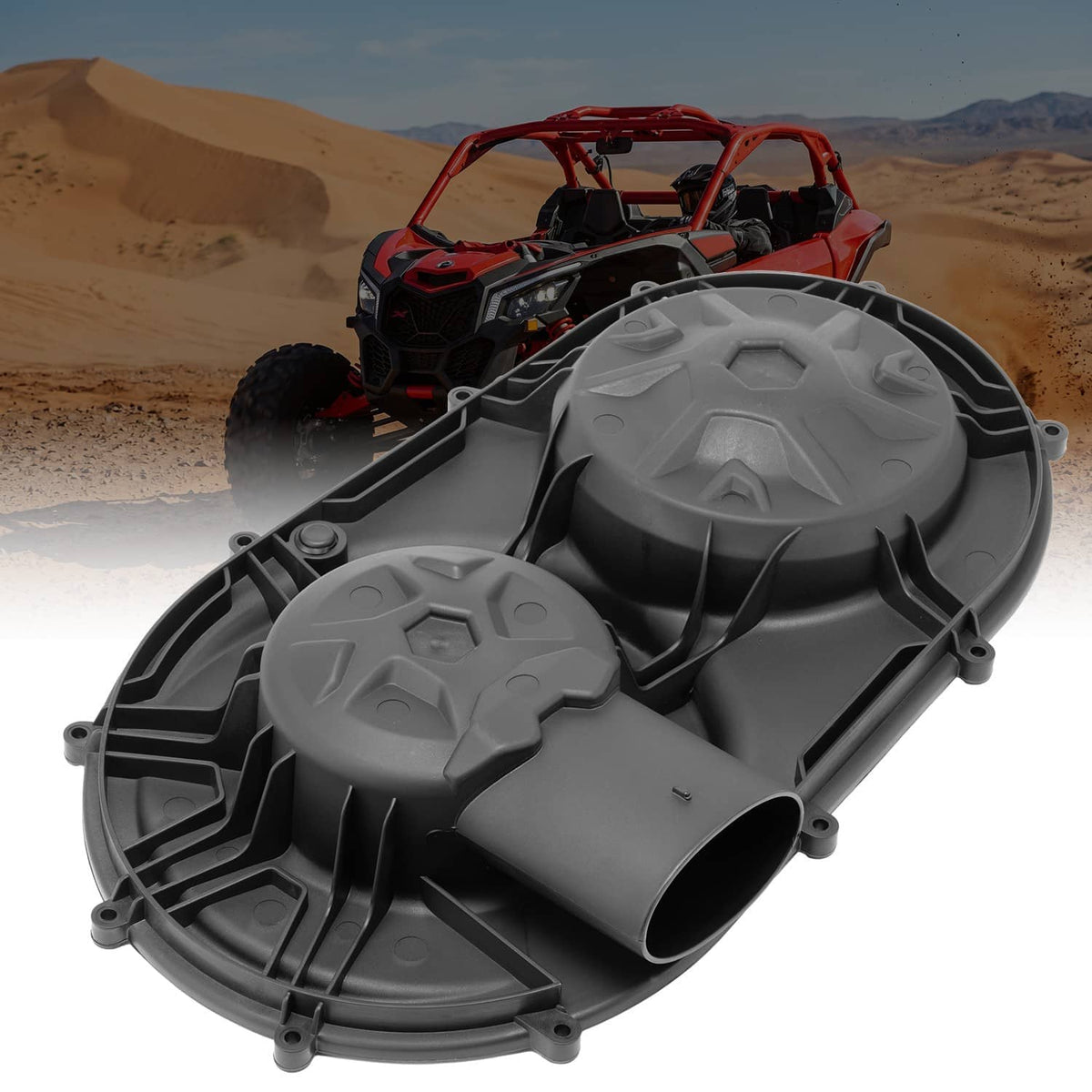 Outer clutch cover on UTV, gray dual covers with embossed gear-style top and intake