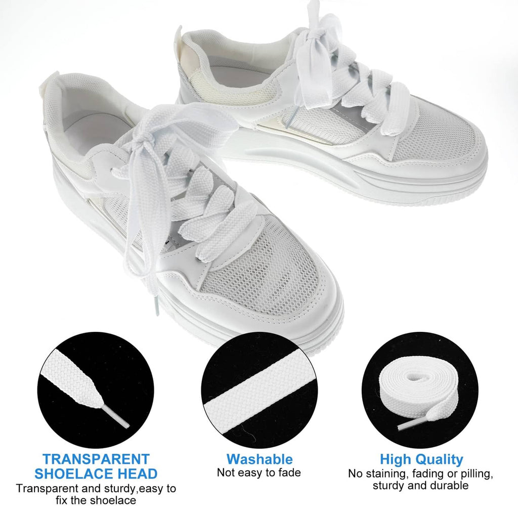 White sneakers with tied white laces and plastic aglets