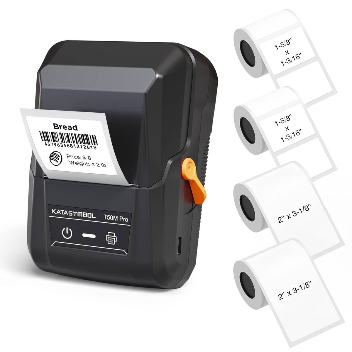 Black portable Bluetooth label maker with orange lever and front control panel