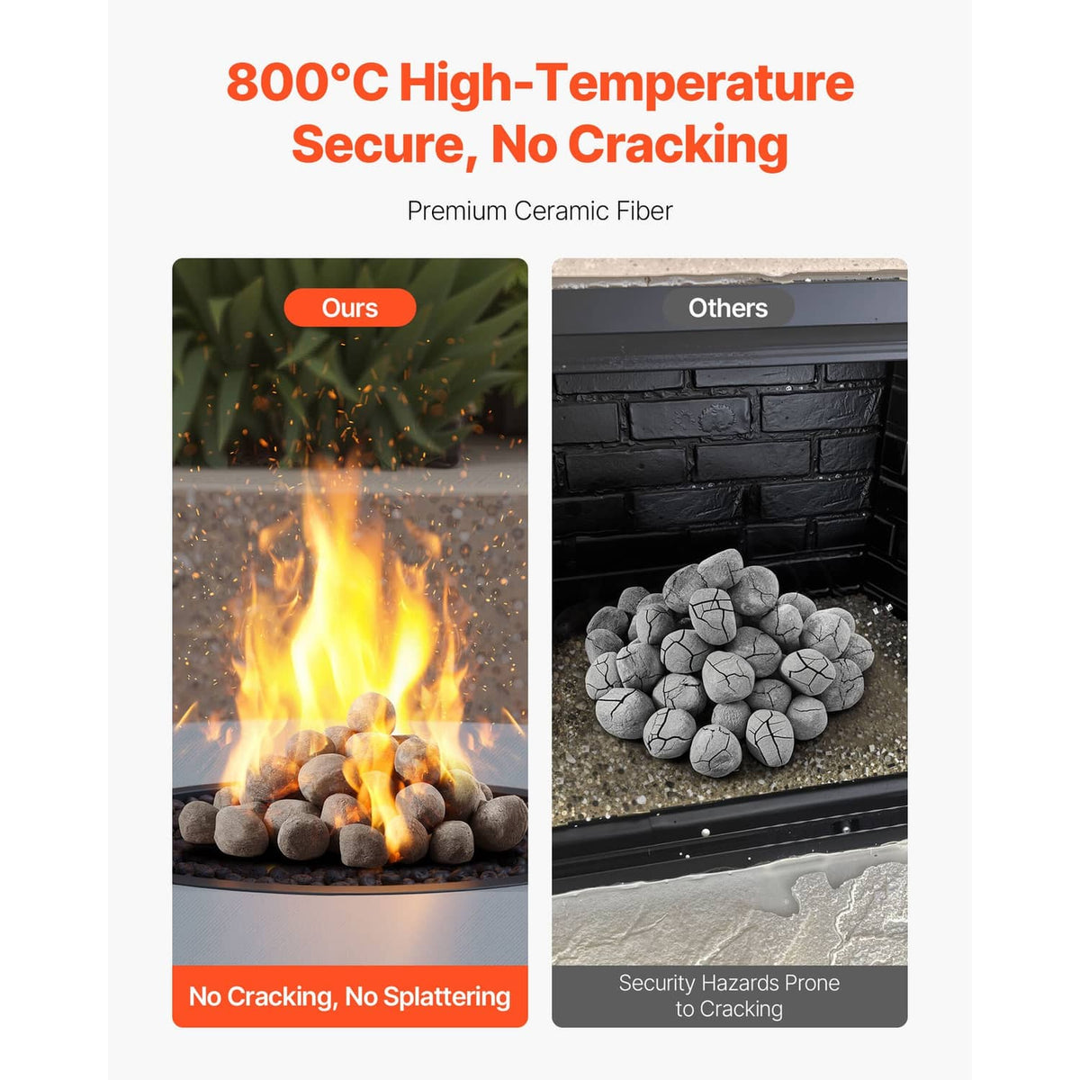 Grey ceramic fire pebble stones with open flame above the stones in a firebox.