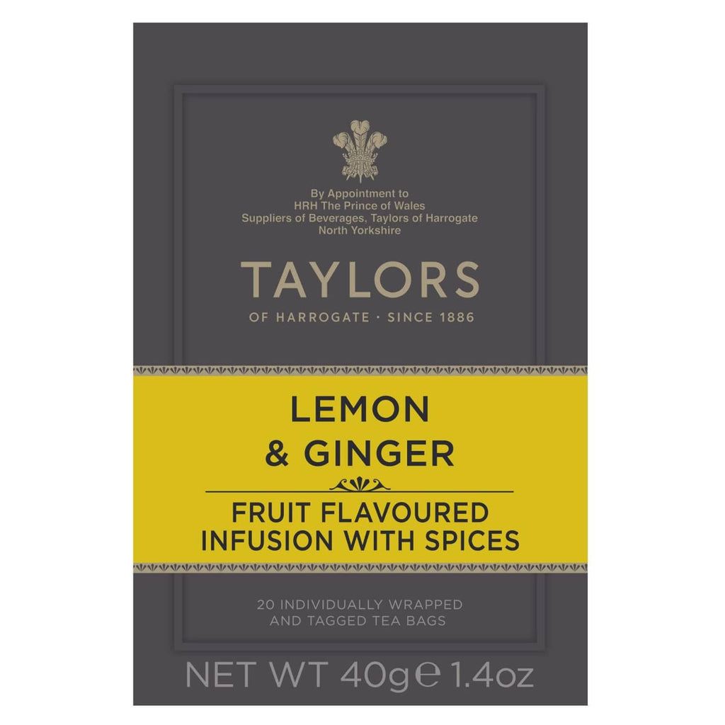 Lemon and ginger tea infusions box front, 20 individually wrapped tea bags