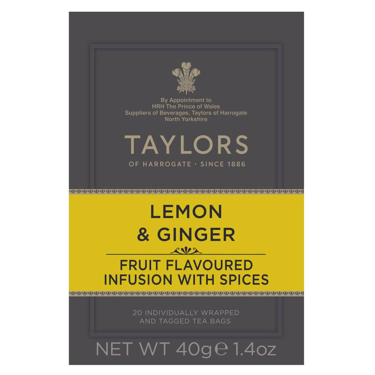 Lemon and ginger tea infusions box front, 20 individually wrapped tea bags