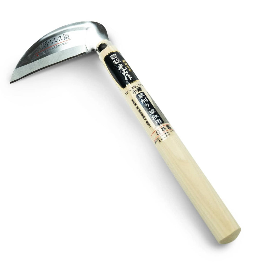 Japanese stainless weeding sickle with light wood handle and curved blade