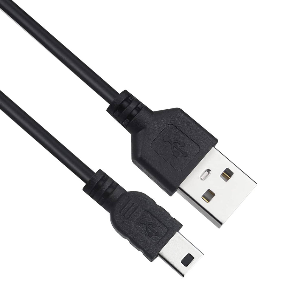 Black mini USB cable with USB-A and mini USB plugs, close-up