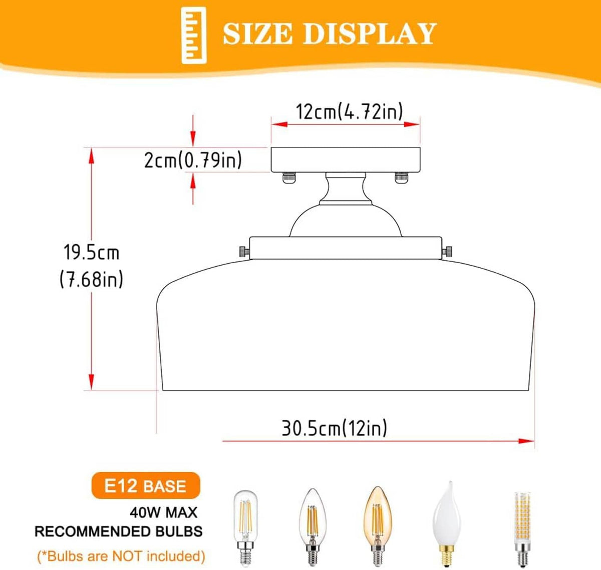 Ceiling light size diagram with measurements and bulb type shown