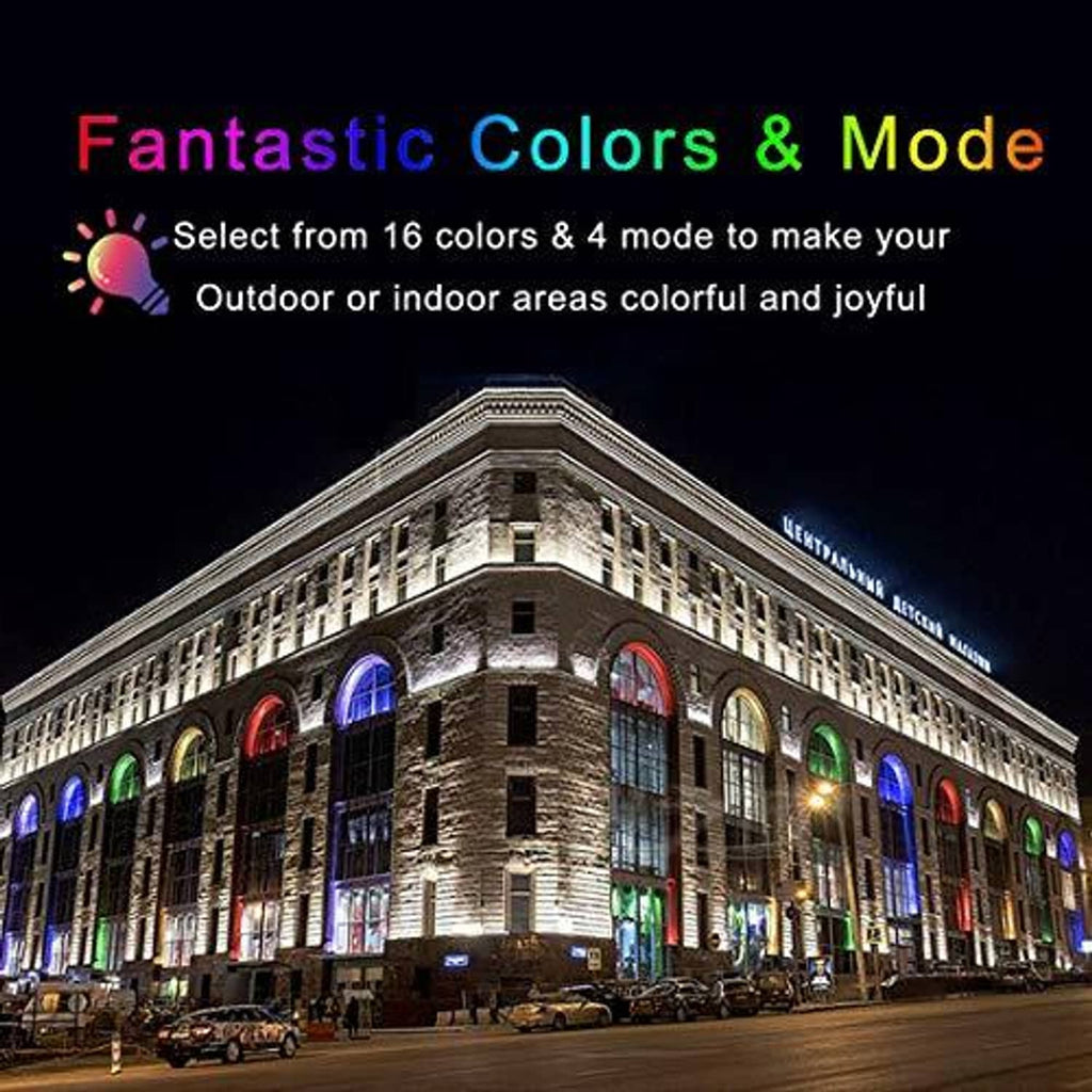 Multicolor LED wall wash lighting across a building facade from a light bar