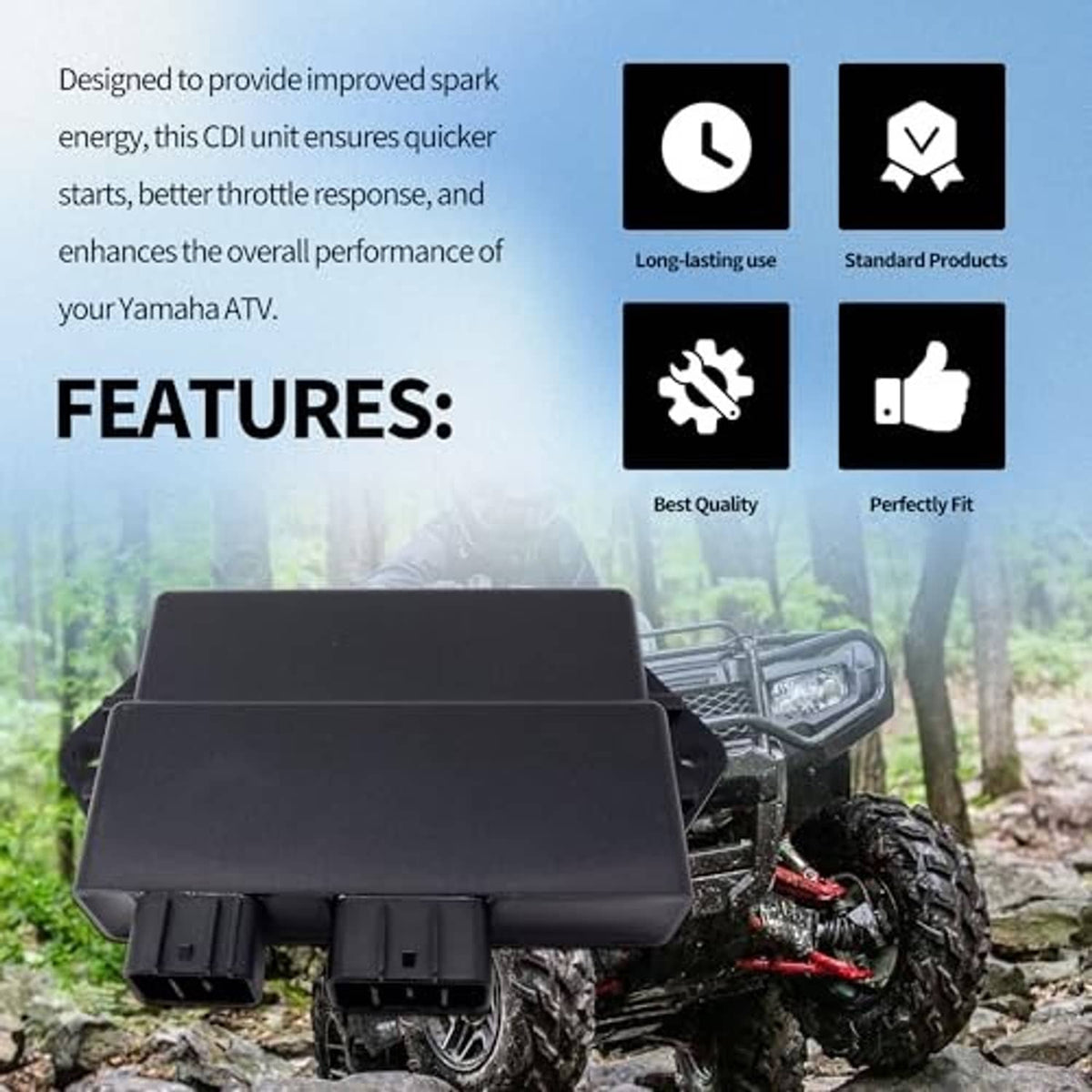 Black CDI module box with two front multi-pin connectors, shown on a vehicle