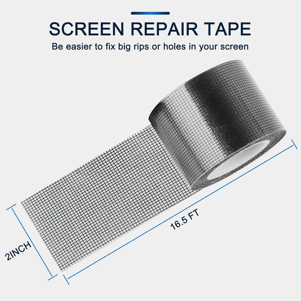Window screen repair tape roll, 2-inch wide and 16.5-ft long, dark mesh.