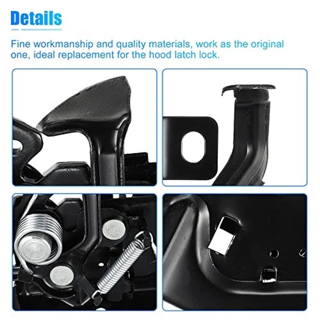 Close-up details of black hood latch assembly, including spring and pivot hardware