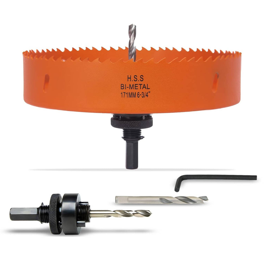 Orange 6-3/4 in bi-metal hole saw with arbor and black threaded shank