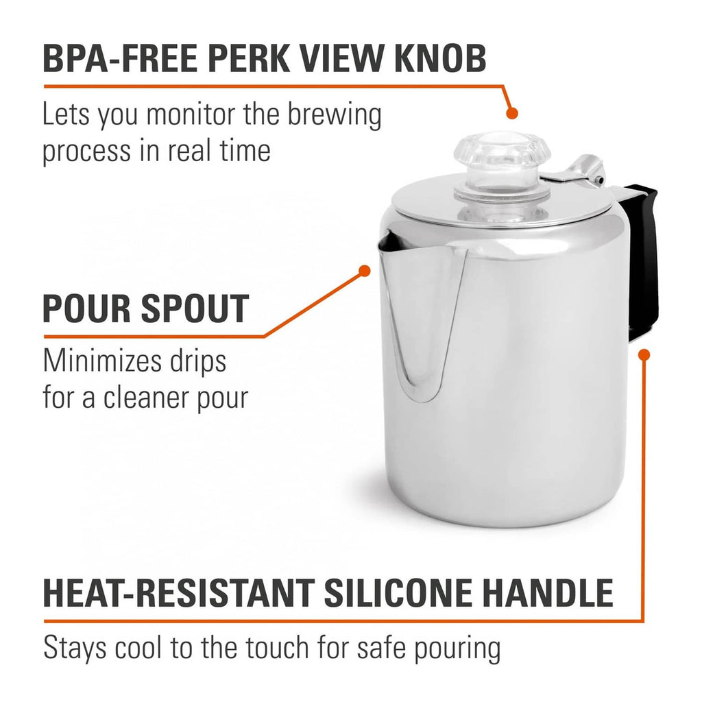 Stainless steel coffee percolator pot with BPA-free view knob and silicone handle