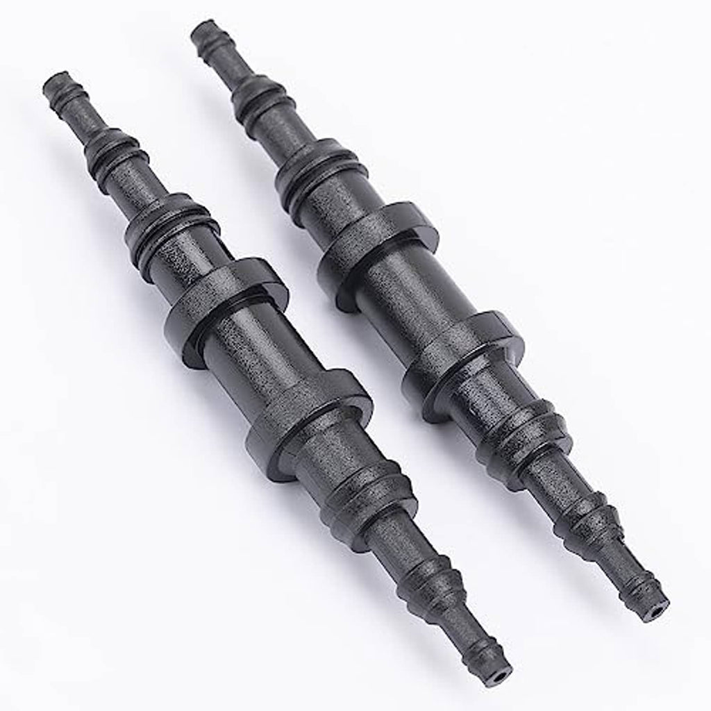 Set of two plastic straight hose joiner reducer connectors, dark gray, barbed ends