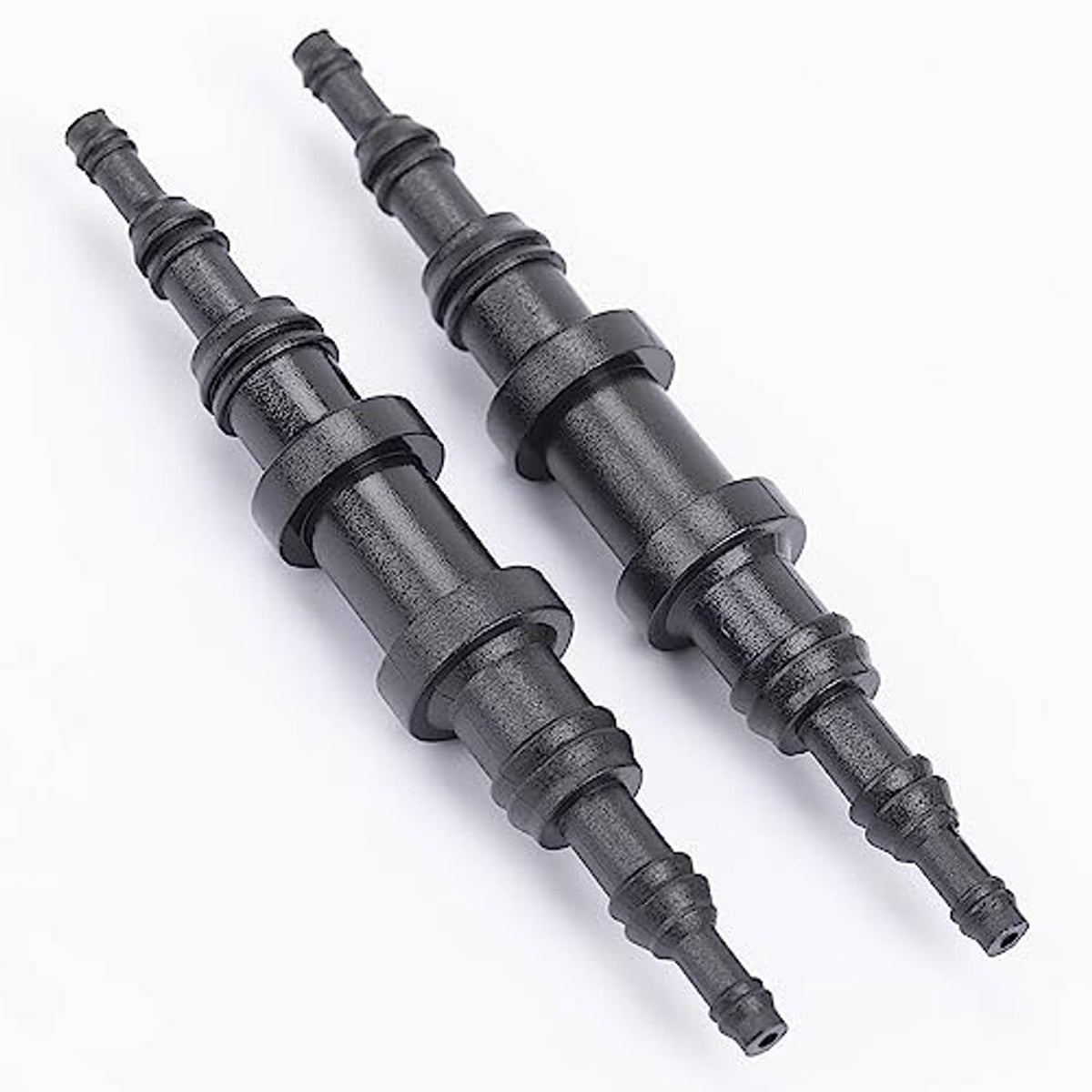 Set of two plastic straight hose joiner reducer connectors, dark gray, barbed ends