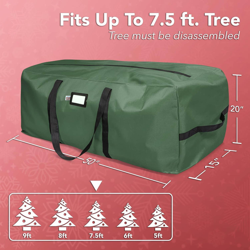 Green Christmas tree storage bag with black end straps, rectangular zippered design