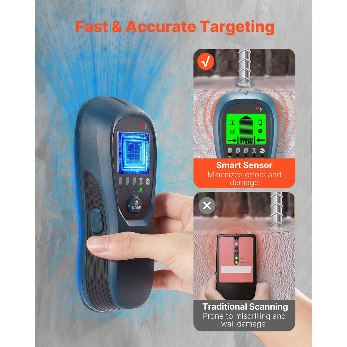Handheld blue electronic wall scanner displaying green target lines on LCD