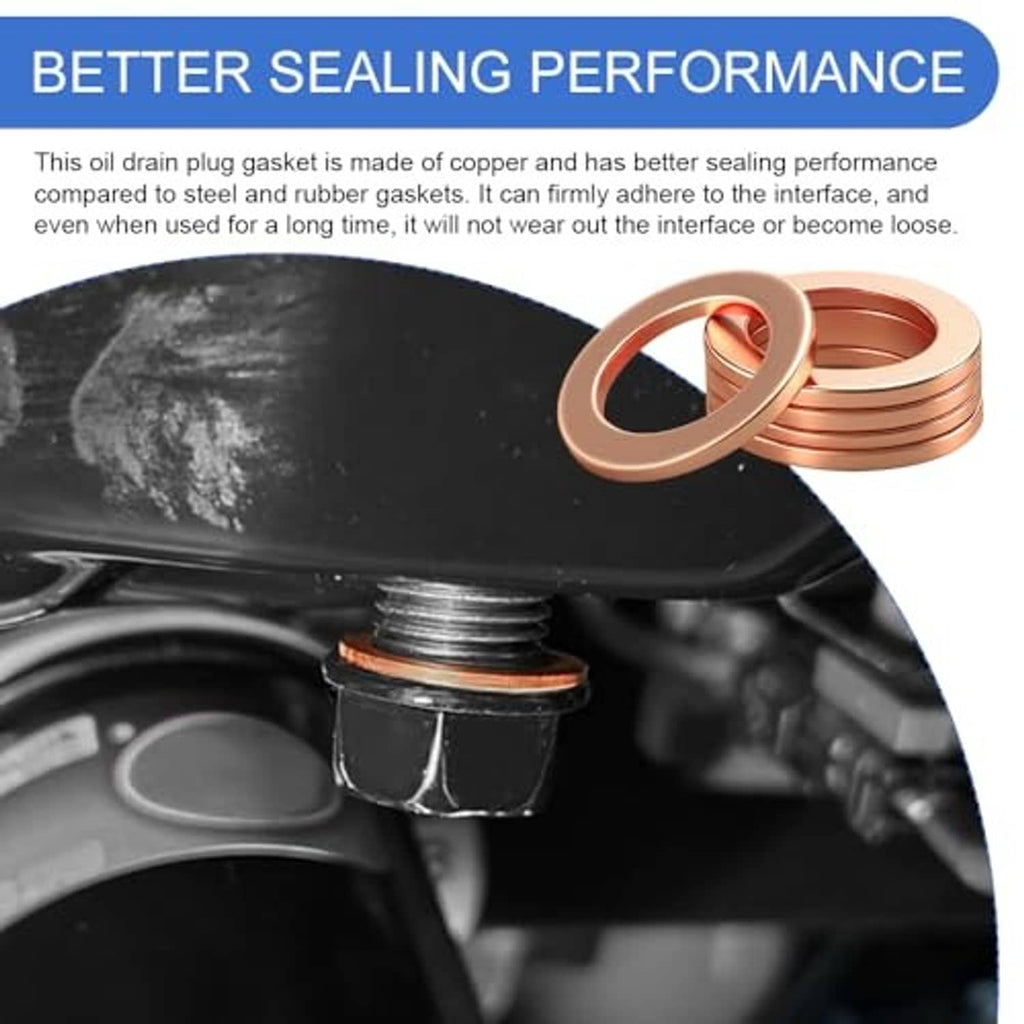 Copper oil drain plug gasket washer with center hole, shown stacked for replacement