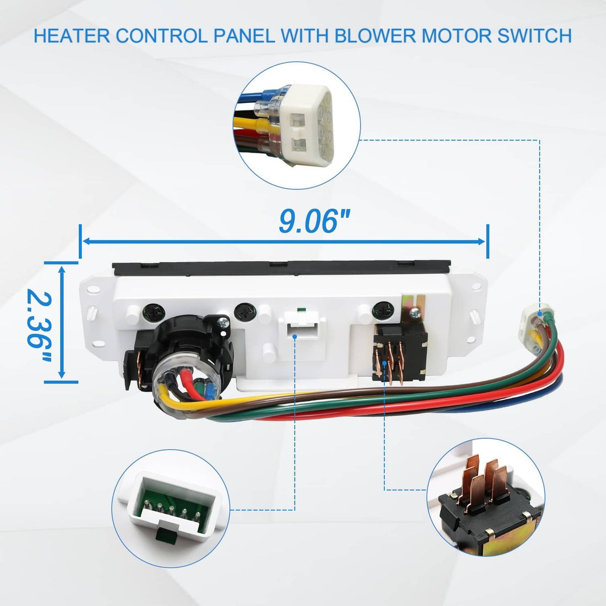 HVAC heater control panel switch back view with circuit housing and multi-wire connector
