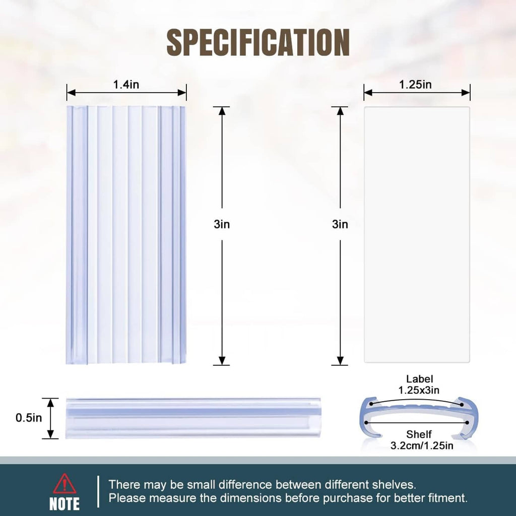 Plastic wire shelf label holder diagram with label size and shelf-fit measurements
