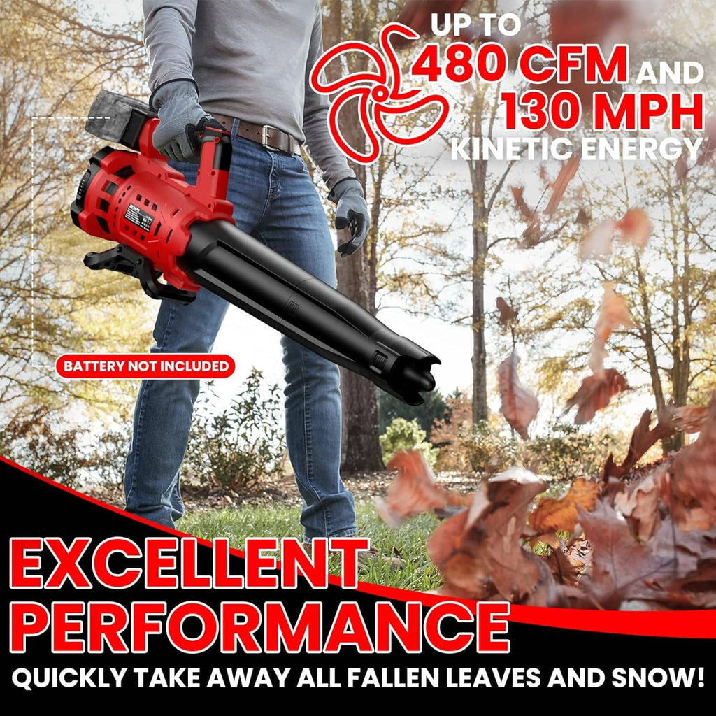 Cordless leaf blower with red motor housing and black tube, held outdoors