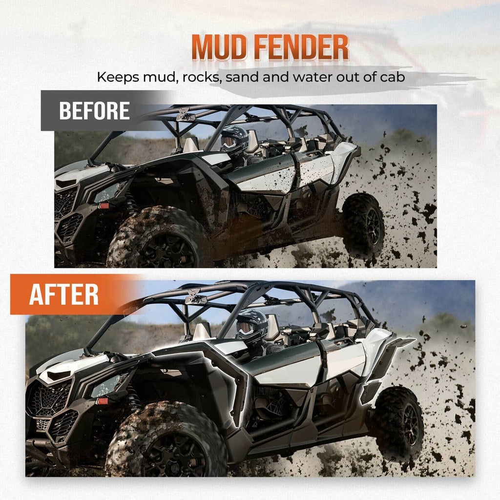 UTV before-and-after view showing black fender flares blocking mud and water