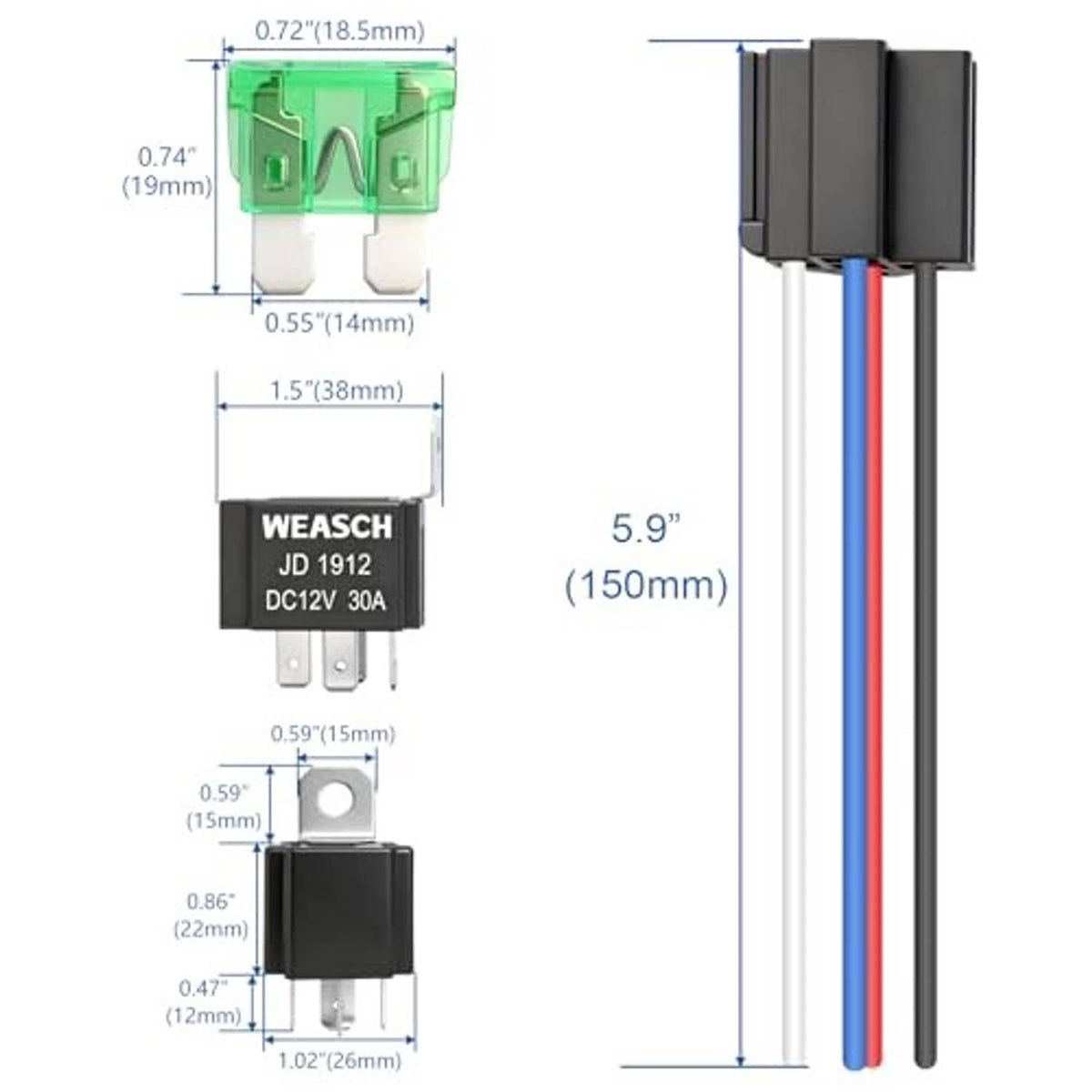 Fuse relay switch size guide and 5.9 in wire leads in red, blue, white, and black