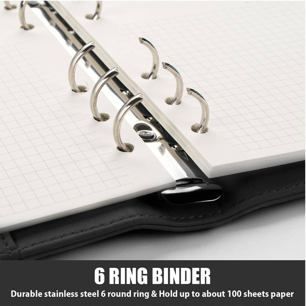 Open black 6-ring binder showing metal round ring mechanism