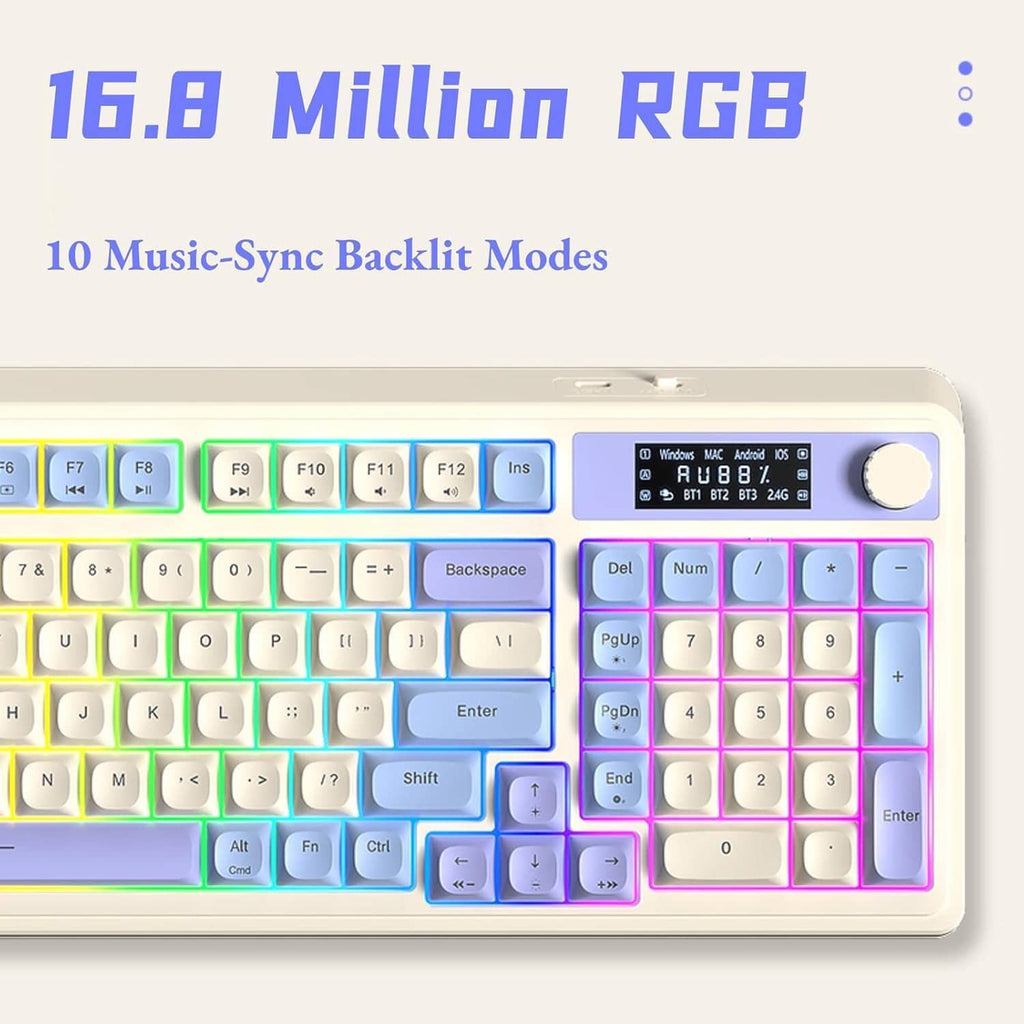 Compact wireless keyboard with multi-color RGB backlit keys and programmable media knob