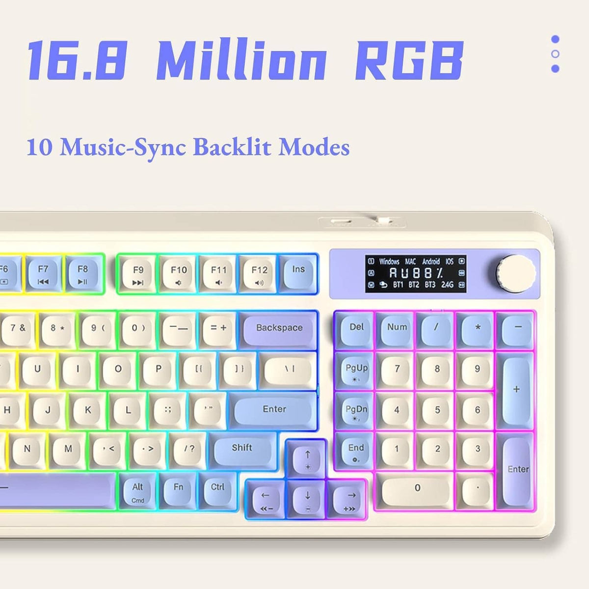 Compact wireless keyboard with multi-color RGB backlit keys and programmable media knob