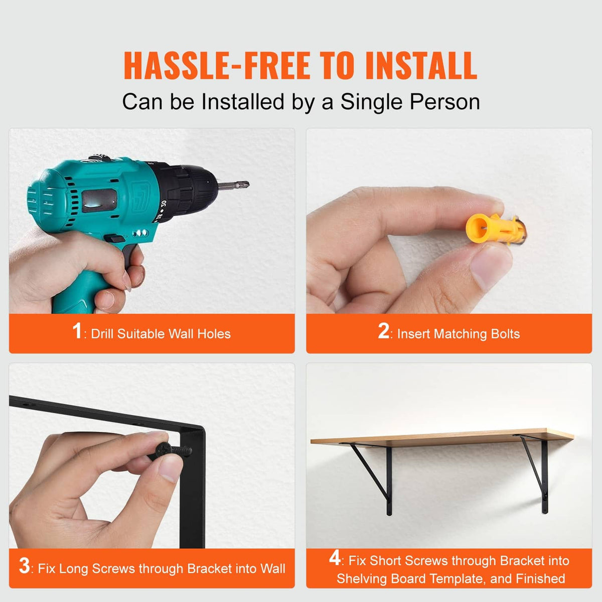 Triangular shelf bracket installation kit shown with black bracket and screws