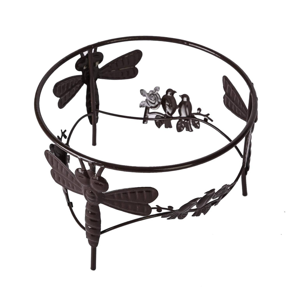 Metal gazing ball stand with circular rim and butterfly/flower scene panel, dark finish.