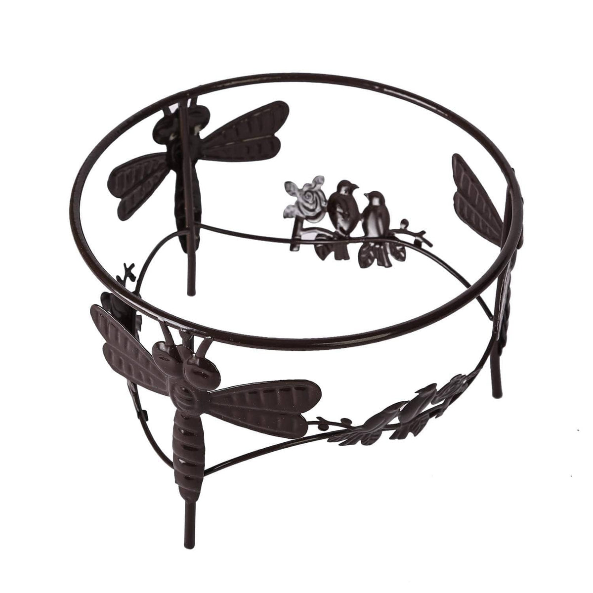 Metal gazing ball stand with circular rim and butterfly/flower scene panel, dark finish.