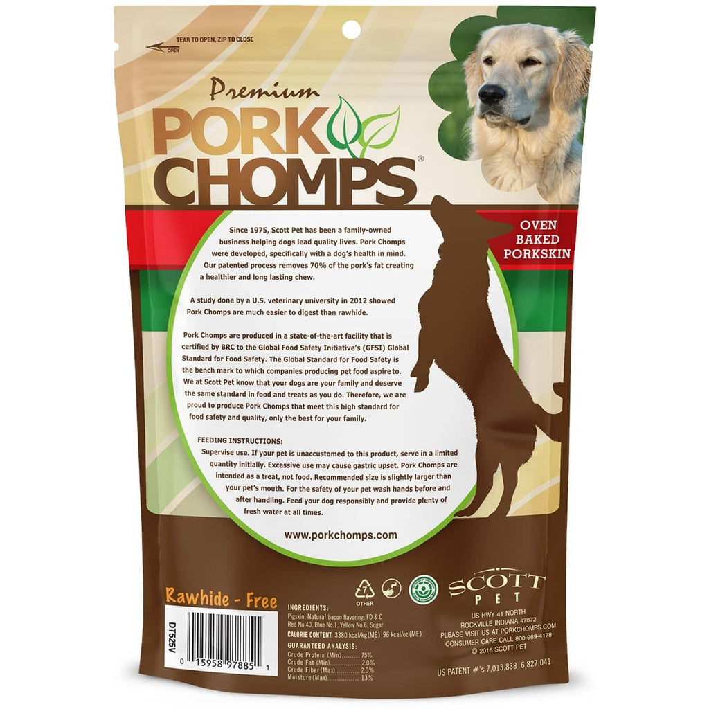 Back of bacon-flavored rawhide-free pork skin dog chew bag with ingredient and feeding info