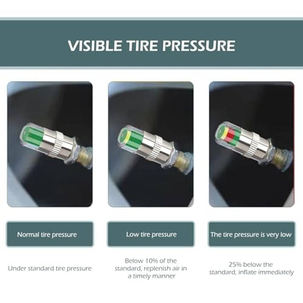 Tire valve cap with green and red insert shown on a wheel valve