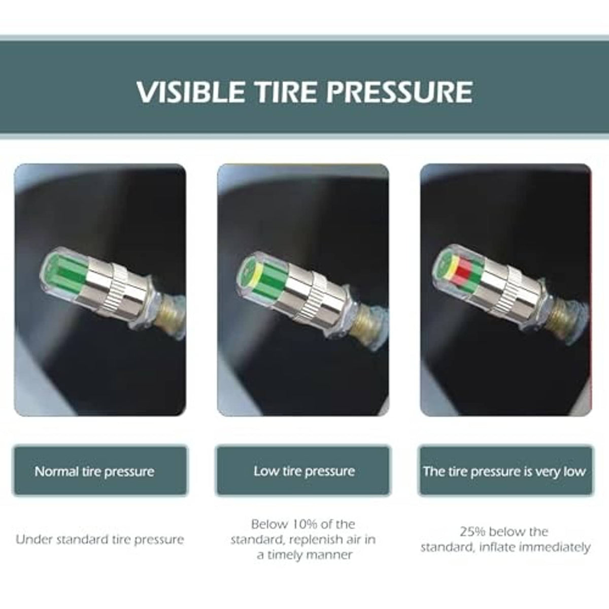 Tire valve cap with green and red insert shown on a wheel valve