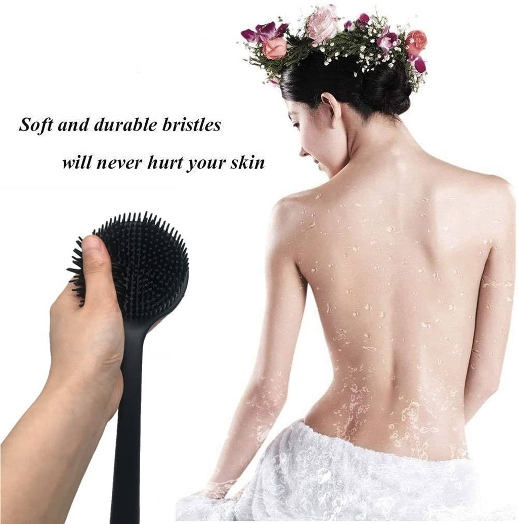 Black silicone body scrubber with long handle, round nubby head on the back.