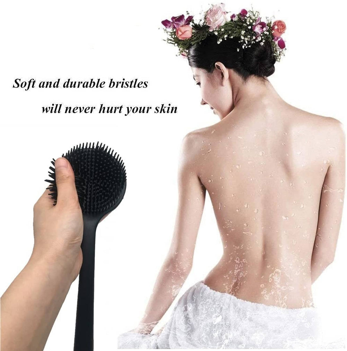 Black silicone body scrubber with long handle, round nubby head on the back.