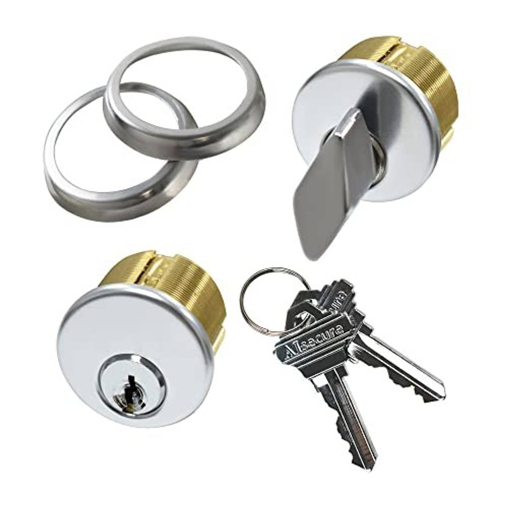 Brass mortise lock cylinder with silver face, two keys, and matching metal rings