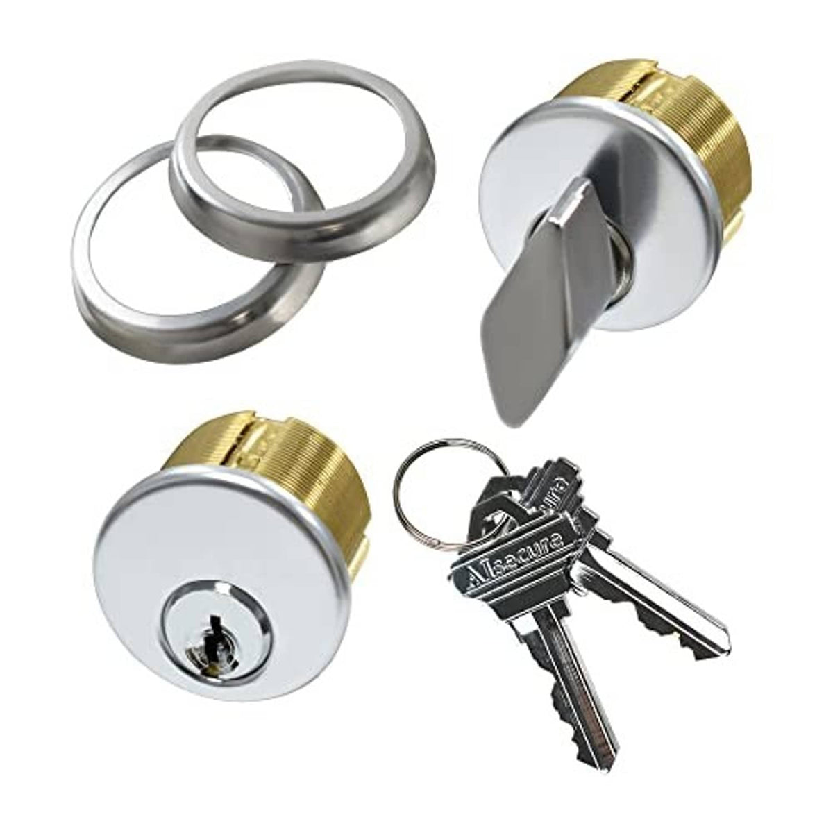 Brass mortise lock cylinder with silver face, two keys, and matching metal rings