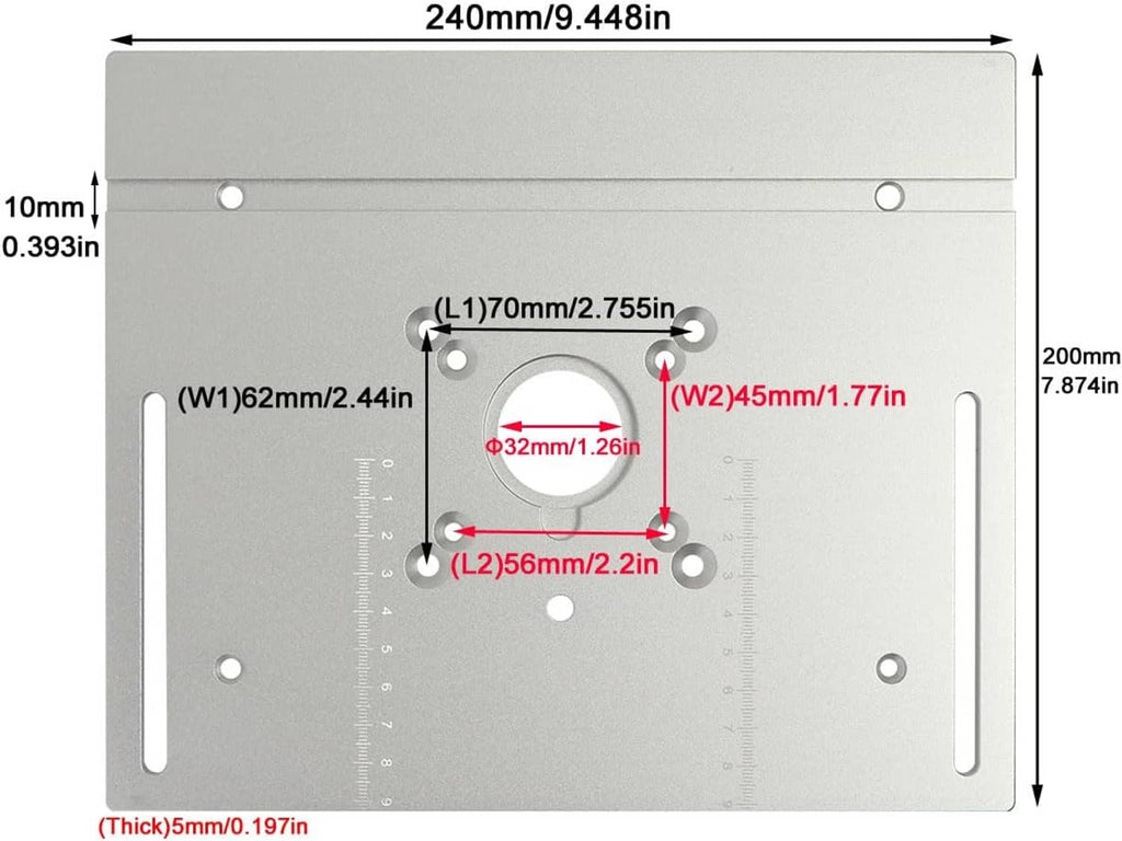 Aluminum router table insert plate dimension diagram with marked hole locations